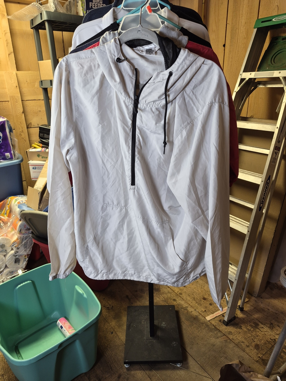 Men's White Hooded Half-Zip Windbreaker with Contrast Drawcords Bin 62